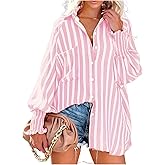 Women's Plus Size Striped Button Down Shirt Long Sleeve Loose Casual Blouse Tops