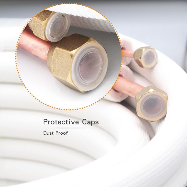 HANSUM MINI SPLIT LINE SET,3/8″ 5/8″ OD COPPER PIPES TUBING AND WHITE PE THICKENED INSULATED COIL WITH FLARED NUTS FOR MINI SPLIT AIR CONDITIONER HVAC OR HEAT PUMP SYSTEM (50FT(3/8+5/8))