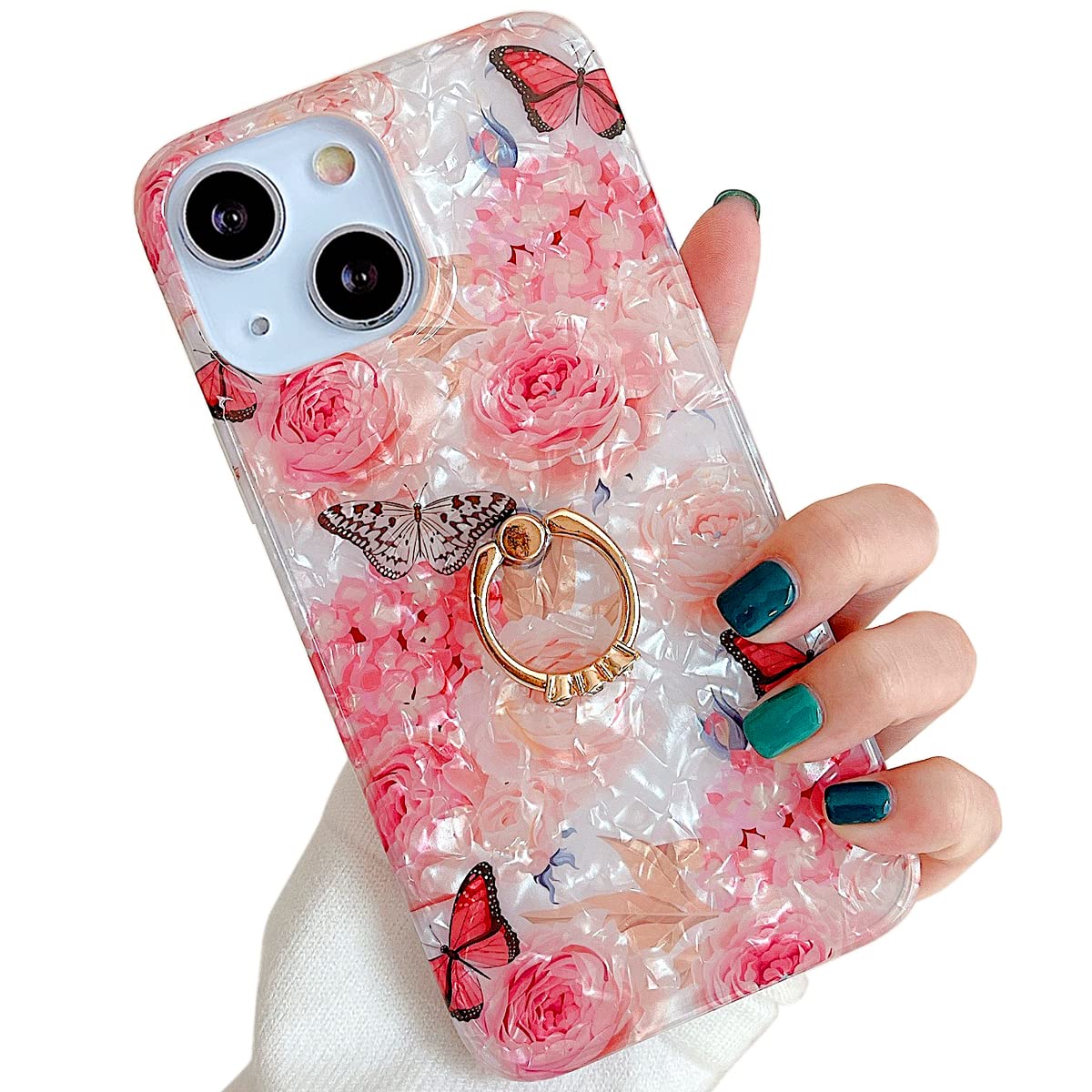 Qokey for iPhone 13/14 Case 6.1 inch,Flower Design Cute Clear for Women Girls with 360 Degree Rotating Ring Kickstand Soft TPU Shockproof Cover Rose Butterfly