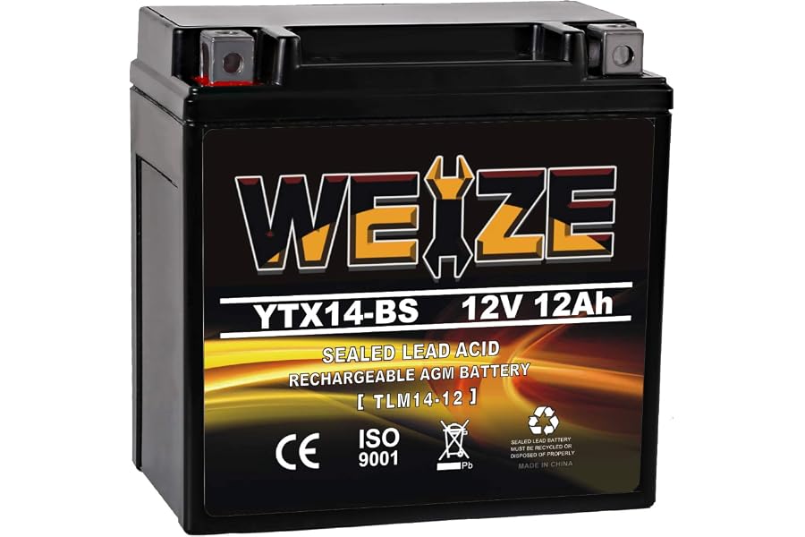 Weize YTX14 BS ATV Battery High Performance - Maintenance Free - Sealed AGM YTX14-BS Motorcycle Battery compatible with Honda