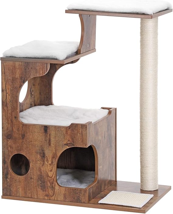 Feandrea Arbre A Chat Hauteur Cm 3 Plate Formes Et 1 Grotte Panneau Mdf Avec Placage De Bois Poteau En Sisal Imitation Fourrure Lavable Style Vintage Brun Rustique Et Blanc Pct70hw Amazon Fr