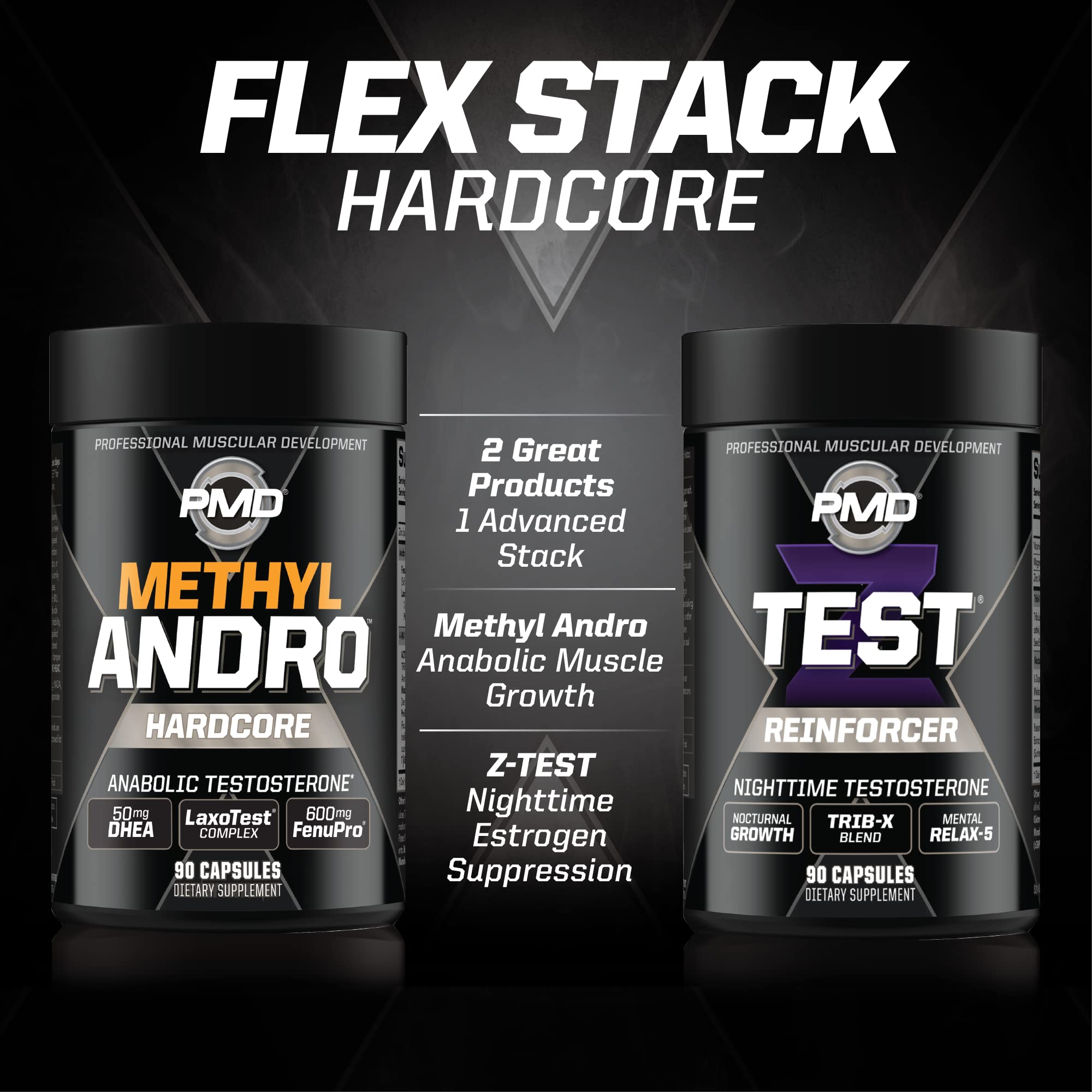 PMD Sports Flex Stack Hardcore 24-Hour Healthy Stack for Increased Muscle Mass, Strength, Reduce Soreness, Libido and Restful Sleep - Methyl Andro Hardcore 90 Capsules, Z-Test 90 Capsules