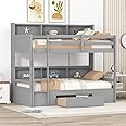 XD Designs Twin Size Bunk Bed with Storage Drawer and Built-in Shelves Beside Bed, Wood Bunk Bed Frame with Safety Guardrail for Kids Teens Adults, Multi-Functional Space-Saving Design (Gray-Shelves)
