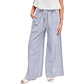 PEHMEA Women's Striped Wide Leg Pants Drawstring Cotton Mid Rise Casual Palazzo Trousers with Pockets 2026