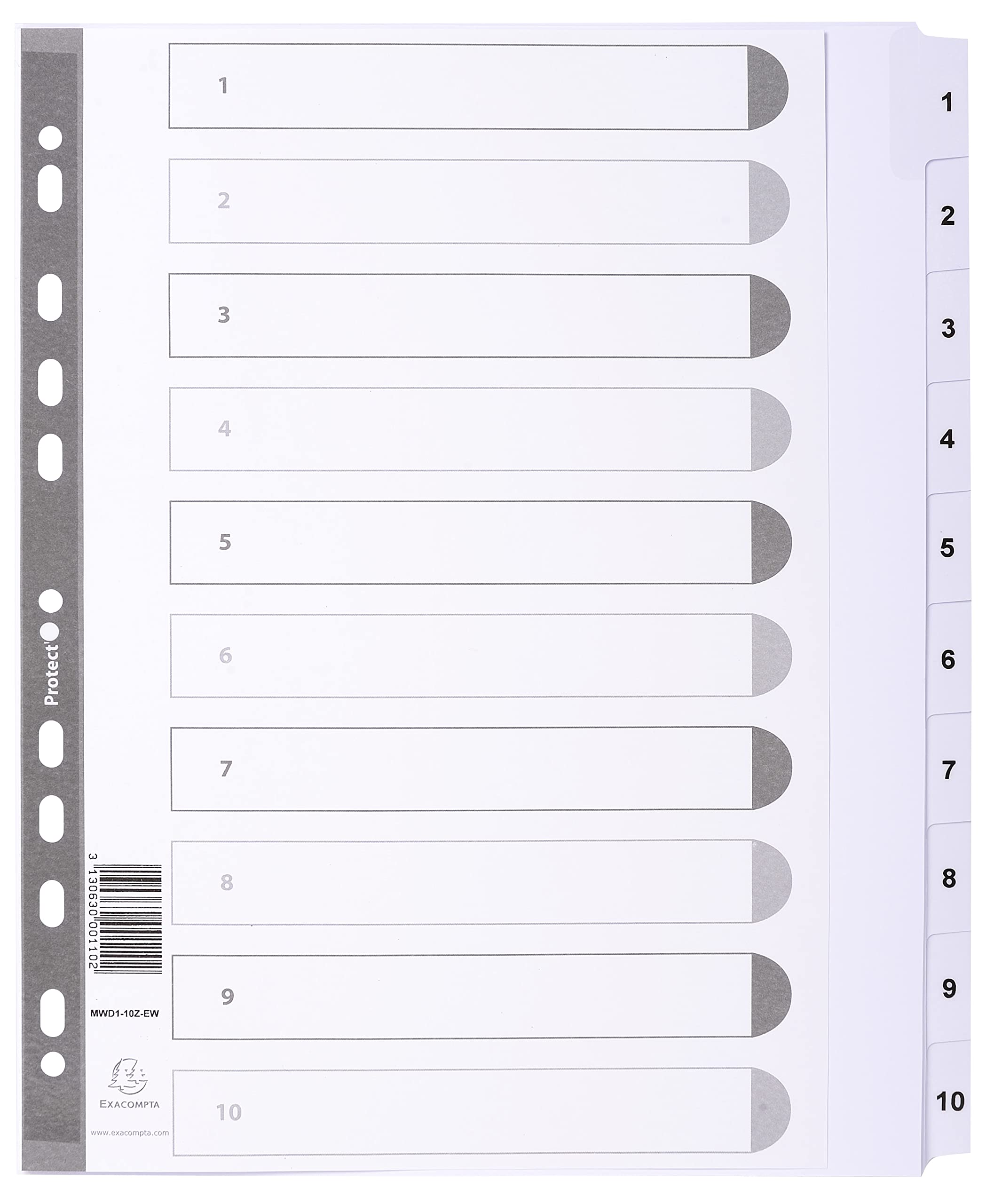 Exacompta - Ref MWD1-10Z-EW - Mylar Printed Indices - For Use With A4+ Documents, Pre-Punched, 160gsm White Card with Reinforced Plastic Tabs, FSC-Certified - 10-Part Dividers (1-10)