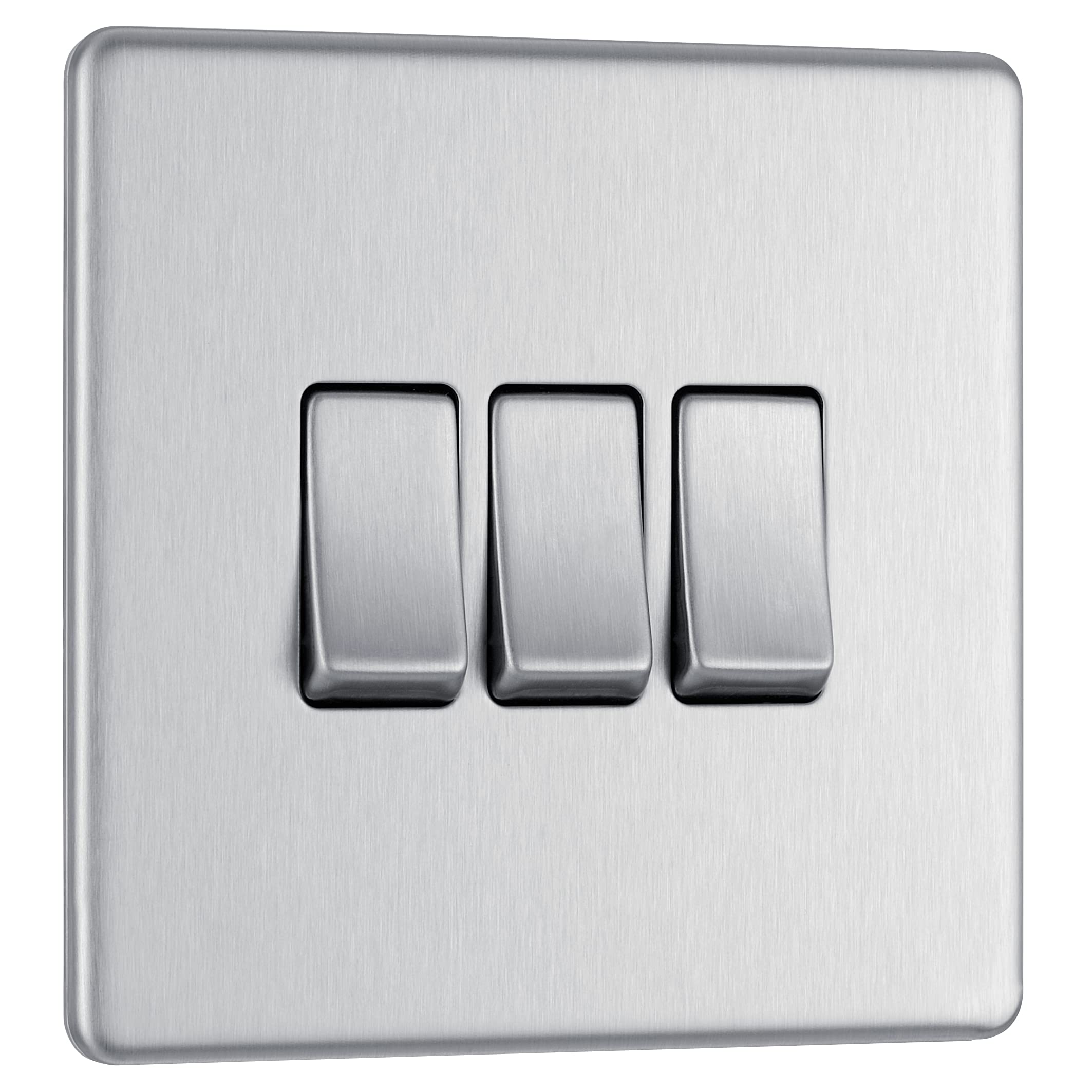 BG Electrical Triple Wall Light Switch, 2 Way, Screwless Front Plate, Slim Profile, Premium Flatplate, Brushed Steel, 20A, 16AX, FBS43 — image 1
