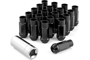 EZISOE 20PCS M12x1.5 Open End Bulge Acorn Black Lug Nuts - 60 Conical Seat - 50mm Height, Lug Nuts for Aftermarket Wheels with 1 Spline Key