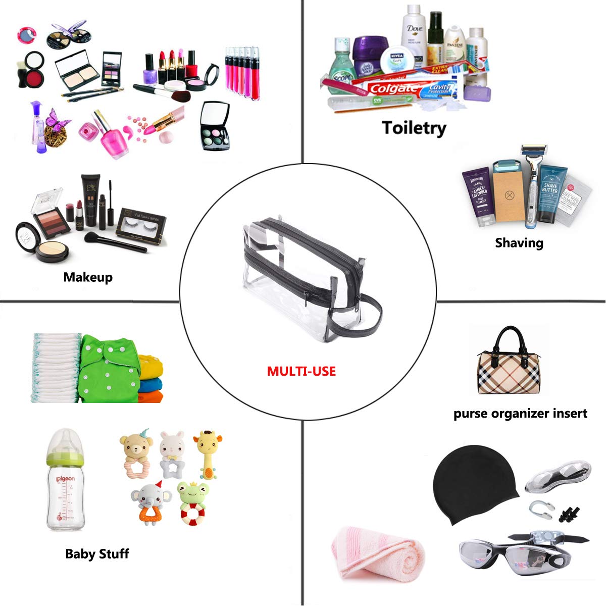Heavy Duty Clear Travel Toiletry Makeup Bags Transparent Shaving Bag Water Resistant Cosmetic Bag Organizer Pouch with Zipper and Handle (Black)