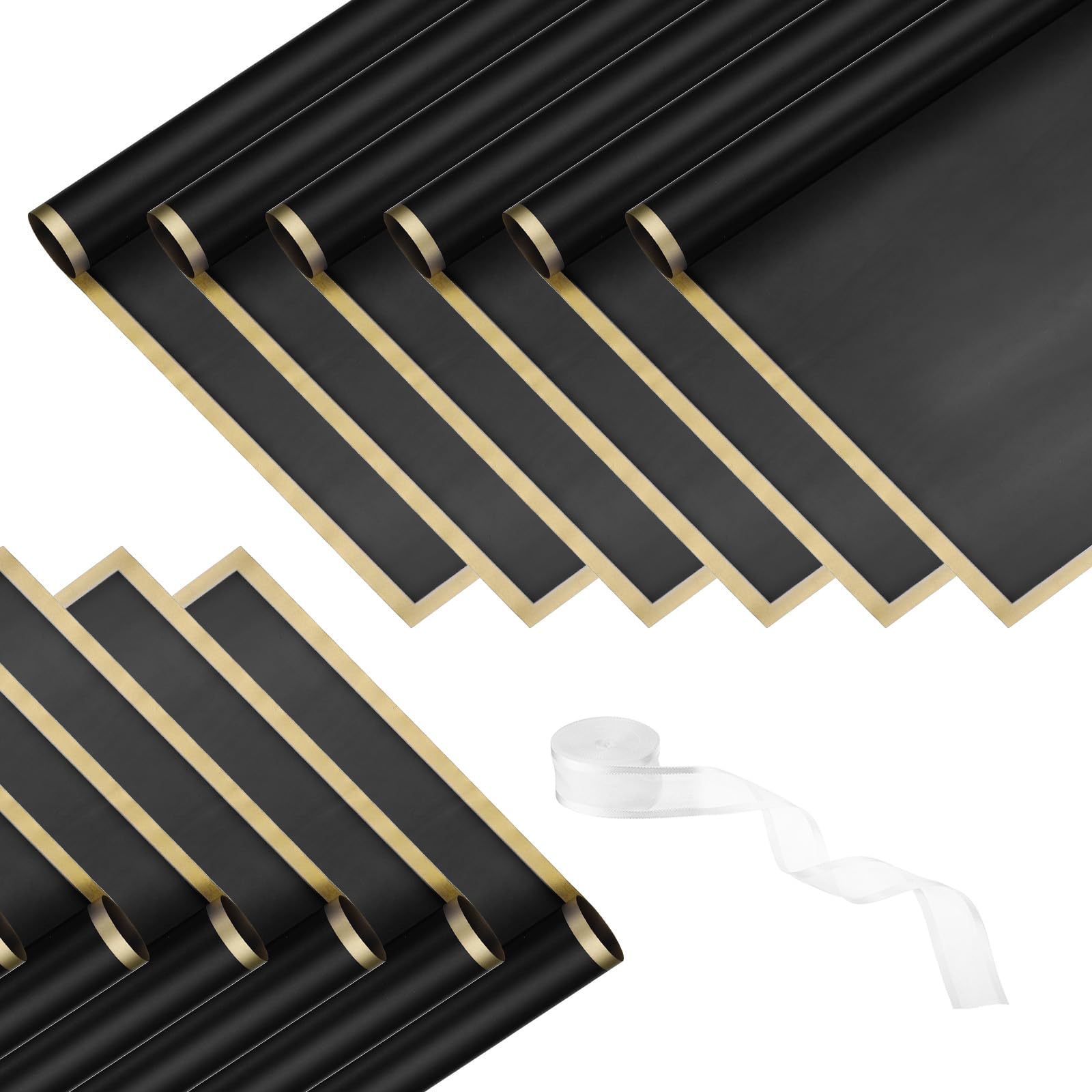 PATIKIL Flower Wrapping Paper 22.4x22.4, 20 Sheets Waterproof Florist Floral Bouquet Wrap Paper Gold Edge with 1 Roll Ribbon for DIY Crafts Gift Packaging, Dark Black