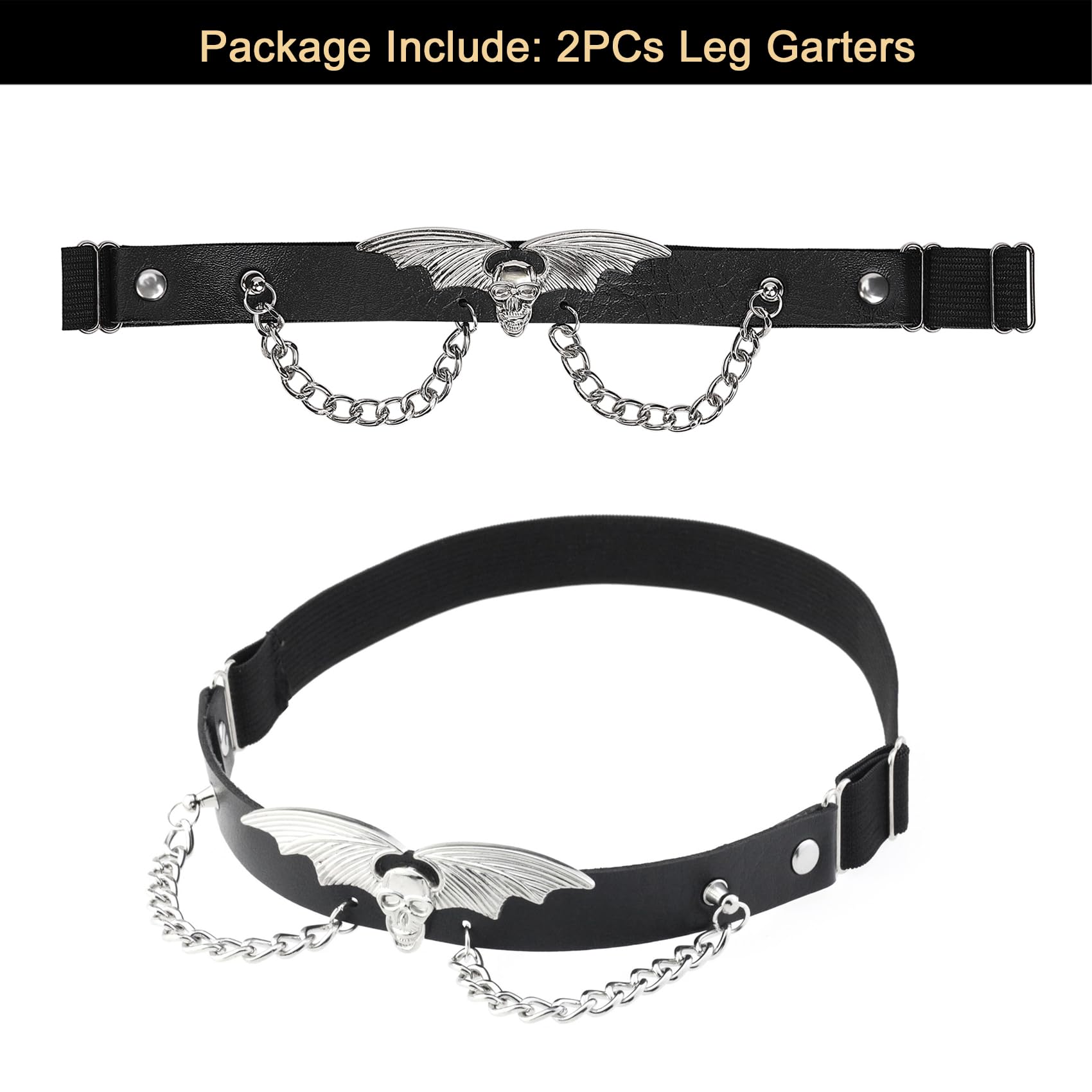 2PCs Adjustable Skull Bat Wing Leg Garter, Elastic Punk Thigh Garters with Chains for Women Parties