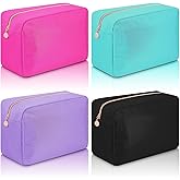 Hushee 4 Pcs Nylon Makeup Bag Travel Makeup Bags for Women Preppy Zipper Pouch Nylon Toiletry Bag Waterproof Storage Organizer(Large,Black, Fuchsia, Mint, Grape)