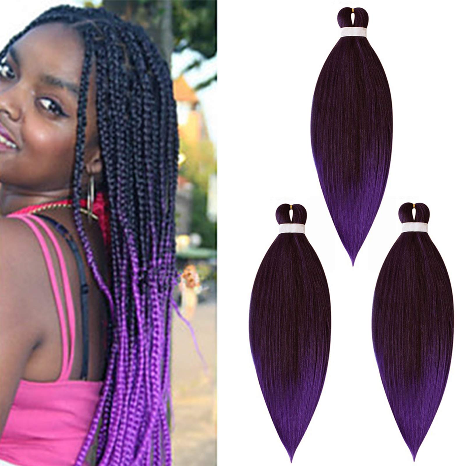 Pre stretched Braiding Hair Easy Braid Professional Hair Extensions Hot Water Setting Synthetic Fiber Crochet Twist Hair Yaki Texuture Itch Free Long Soft (26inch 3packs Black&Purple)