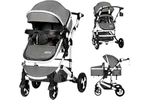 Kinder King 3 in 1 Reversible Baby Stroller w/Detachable Tray, Convert to Newborn Pram, Folding Infant Carriage for Toddler, Adjustable Canopy & Handle, Aluminum Alloy, Suspension Wheels
