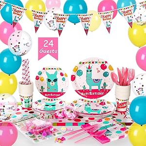 Llama Cactus Party Supplies Set for 24 guests(over 280 pieces)- Alpaca Theme Kids Birthday Party Tableware Pack Include Disposable Plates Cups Banner Balloons Cutlery Tablecloth Napkins Straws And Gifts