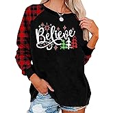 Believe Christmas T-Shirt Women Believe in The Magic of Christmas Plaid Shirt Baseball Raglan Splicing Tee Tops