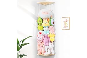 BEFAYOO Corner Stuffed Animal Storage Net - Heigh Adjustable Wood Stuffed Animal Organizer - Large Wall Plush Holder Teddy Bear Storage for Bedroom Kids Room Nursery Decor