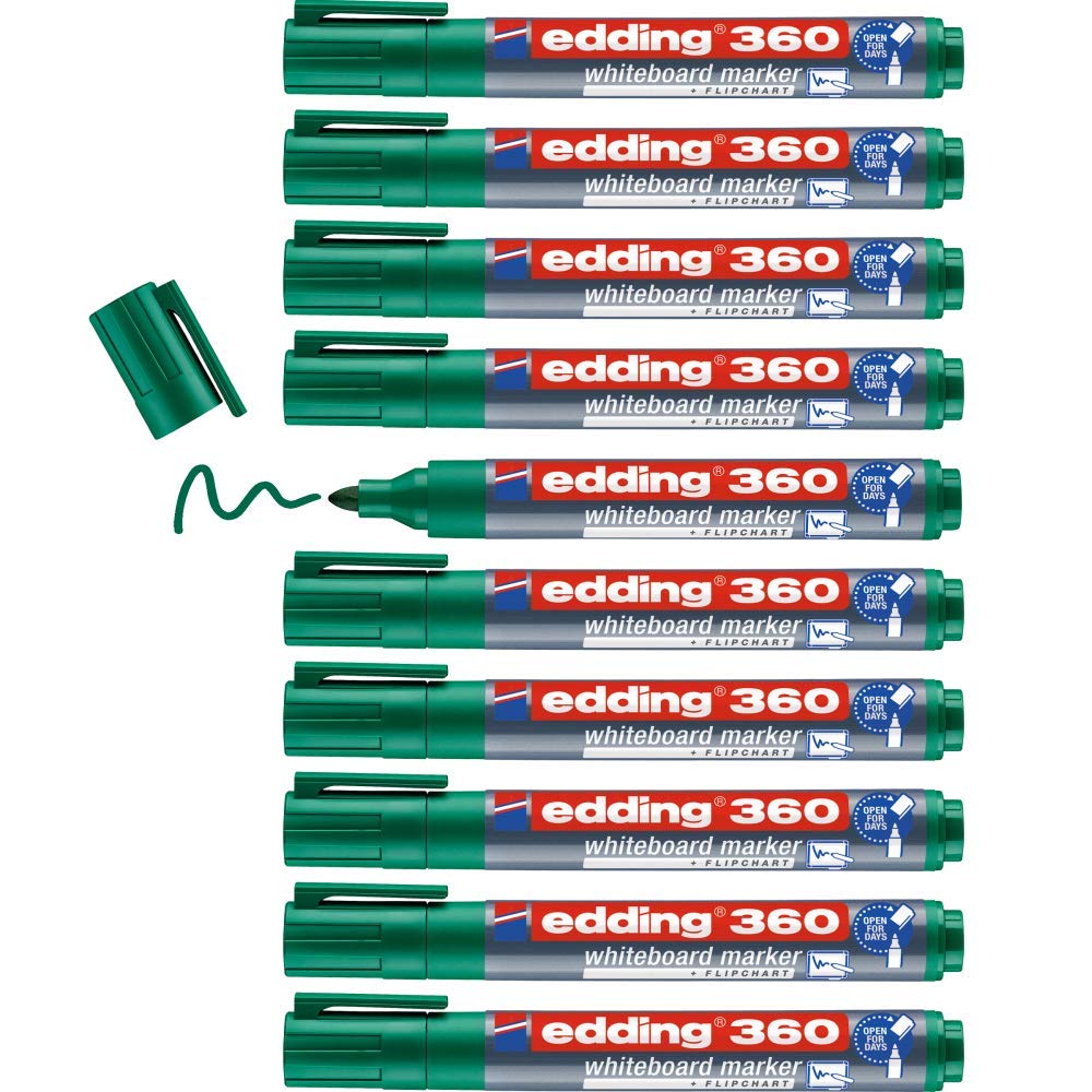 edding 360 whiteboard marker - green - 10 whiteboard pens - round tip 1.5-3 mm - whiteboard pen dry wipe - for whiteboards, flipcharts, pinboards, magnetic and memo boards - sketchnotes - refillable — image 1