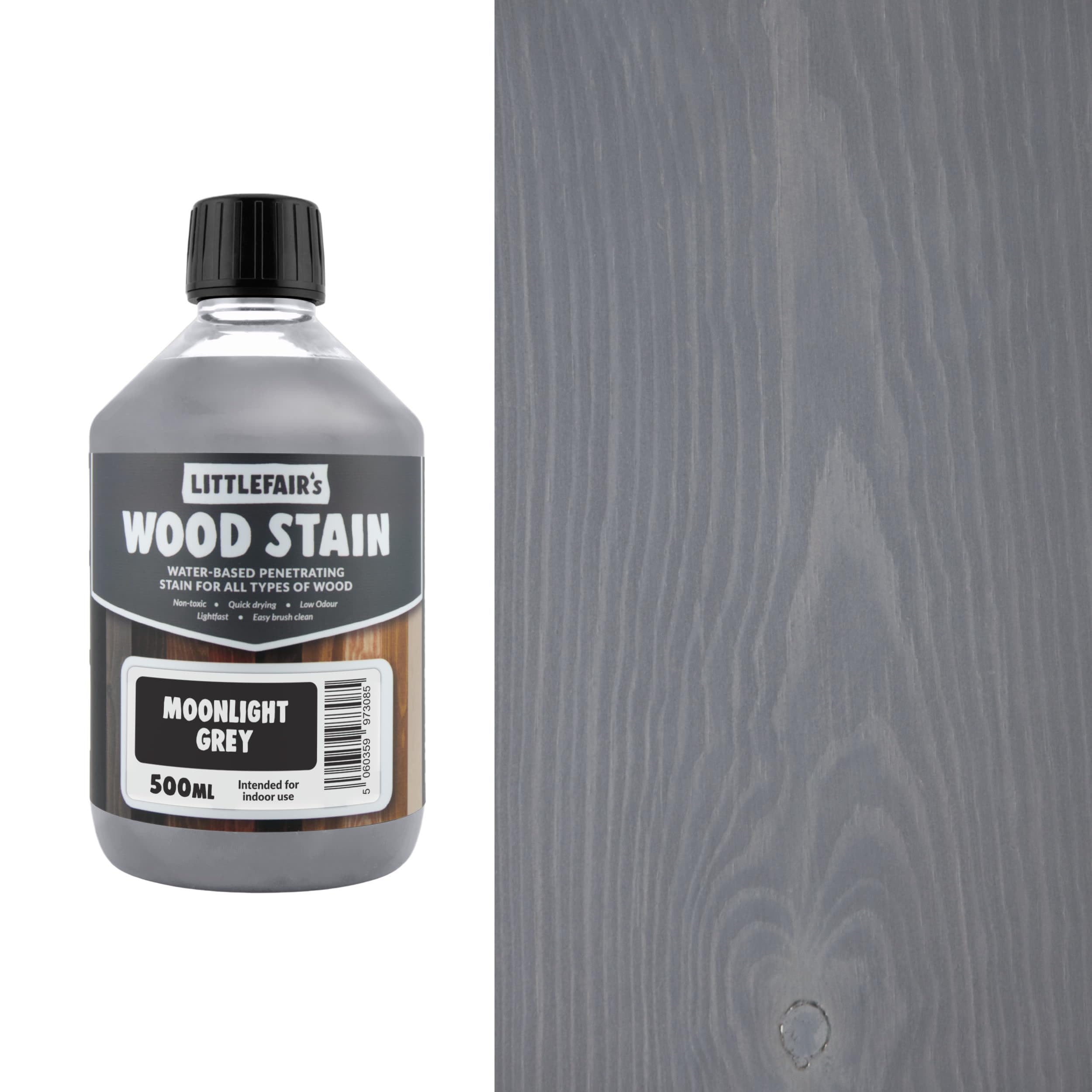 Littlefair's Wood Stain Water Based - 500 ml - Indoor Furniture Stain Light & Dark Finishes - Special Non Toxic & Eco Friendly Formula - Wood Stain for Crafts - Colour: Moonlight Grey