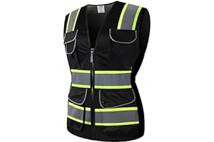 JKSafety 9 Pockets Women Hi-Vis Reflective Safety Vest | Mesh Black | Reflective Strips with Yellow Extended Trims | ANSI Compliant (168-Black, L)