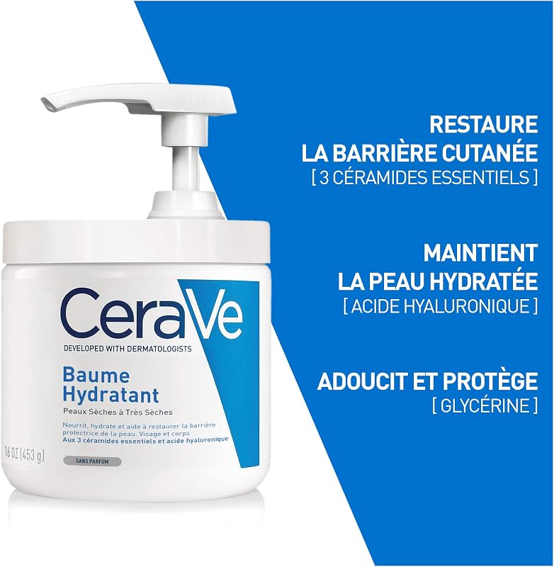 Baume Hydratant Visage & Corps, Hydratation 48H, Technologie MVE + 3 Céramides + Acide Hyaluronique, Approuvé Association Française de l'Eczéma, Sans Parfum, Peaux Sèches, 454 g