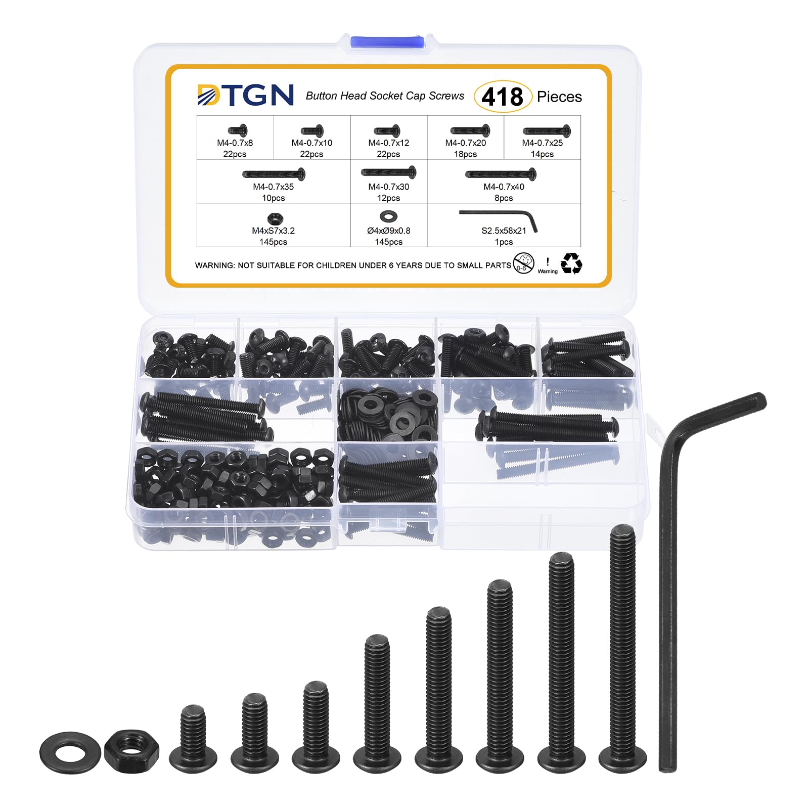 DTGN 418Pcs M4-0.7x8/10/12/20/25/30/35/40mm Button Head Socket Cap Screws - Carbon Steel Bolt Nut Set Washer Assortment Kit & Wrench - Good for Road Bicycle, Mountain Bike, Auto