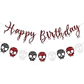 Vofrise Red Glitter Skull Halloween Happy Birthday Banner with Blood Drop Skull Garland Banners for Horror Halloween Birthday Party Decorations