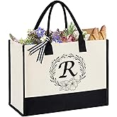 Miokok Personalized Initial Canvas Tote Bag, Beach Bags for Women Birthday Gifts, Wedding Gift for Mom Teachers Friends Nurse