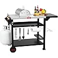 Feasto 3-Shelf Grill Table for Outside, Indoor & Outdoor Pizza Oven Table, Movable Prep Table Cooking Station, Grill Cart with Side Table, Stainless Steel Table Top for Ooni 14 Blackstone, L50 x W21.7