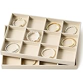 pickpiff Drawer Jewelry Organizer & Display Trays: 2pcs 12grid Velvet Stackable Jewelry Case (13.8x9.4x1.2inch) - Soft Beige Necklace Holder Bracelet Display Watch Box