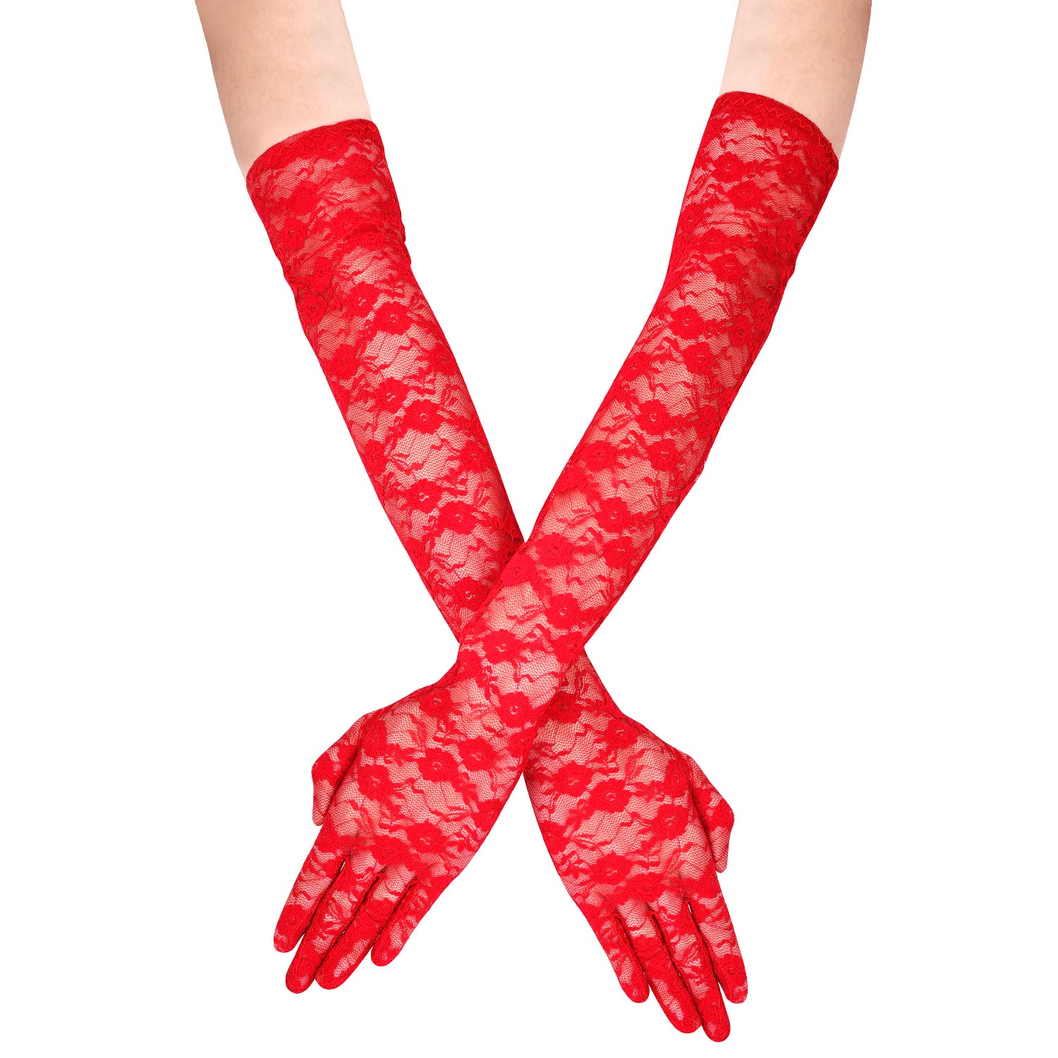 KINBOM Long Lace Gloves, Bridal Gloves for Wedding Small Flower Pattern Floral Lace Gloves for Women Tea Party 1920s Costumes Prom Masquerade, One Pair, Length 21.3inch (Red)