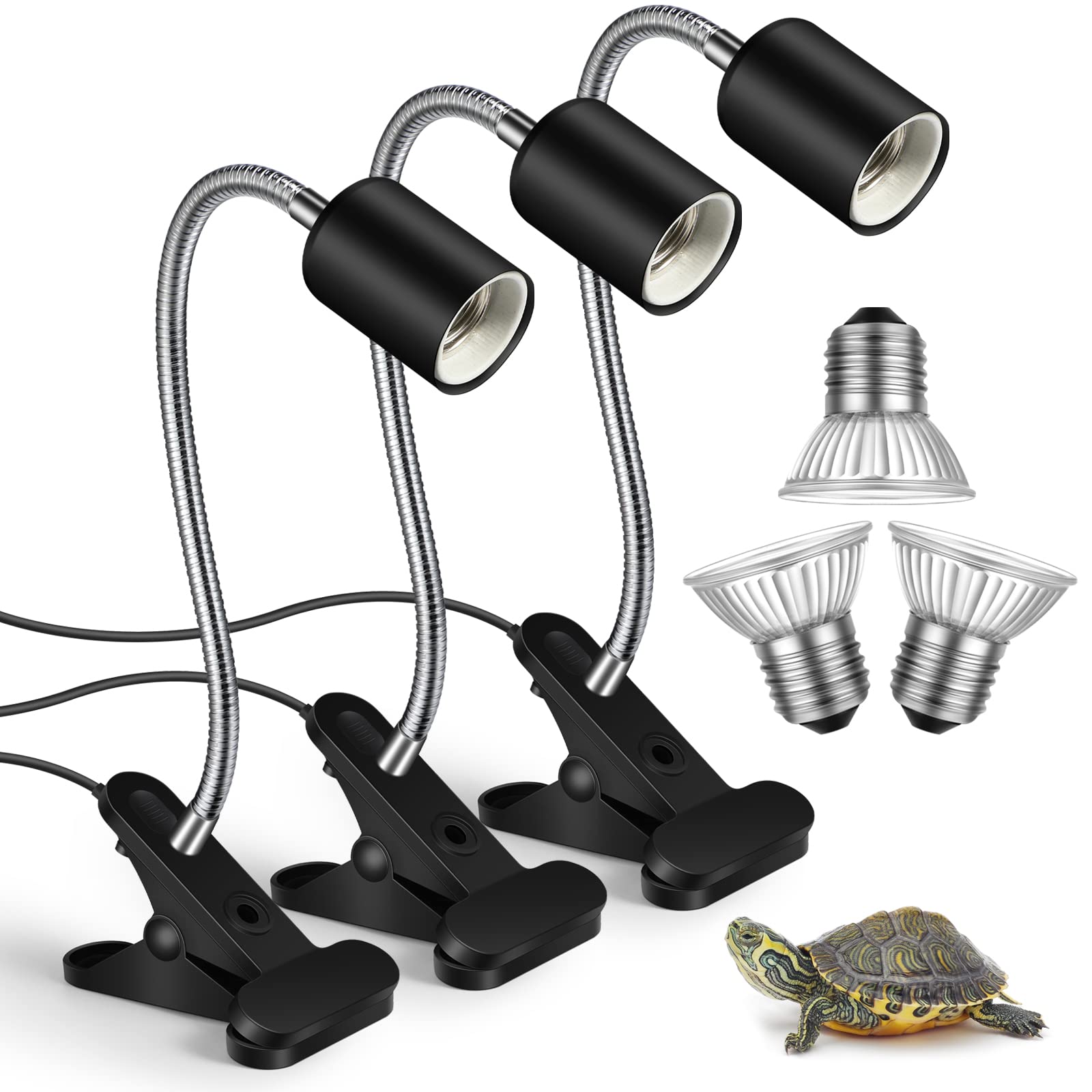 Photo 1 of 3 Set Reptile Heat Lamp UVA/UVB Turtle Heat Lamp Holder Fixture Clamp Basking Spot Adjustable 50w Full Spectrum Sun Sunbathe Bulb for Turtle Lizard Bearded Dragon Snake Aquarium Amphibian(Black)