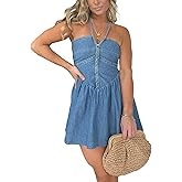 SOMTHRON Women's Denim Mini Dress Sleeveless Halter Neck Tie Back Pleated Swing Ruffle Jean Short Dress