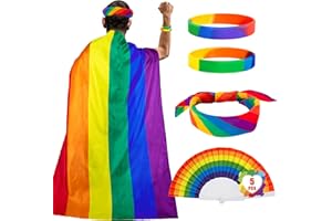 MELISHEER 5 PCS Pride Accessories, Rainbow Pride Flag Cape Set with Folding Handheld Fan, Rainbow Stripes Bandana & 2 Pack Rainbow Silicone Bracelets for Pride Month Parades Party Gay Lesbian LGBTQ Celebration