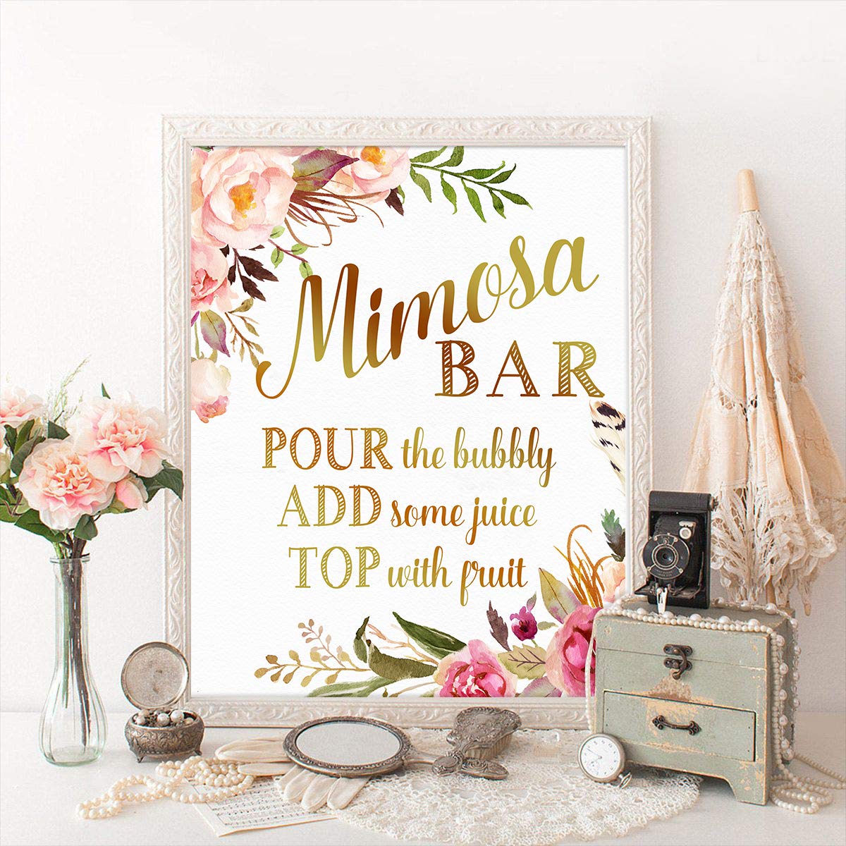 Mordun Mimosa Bar Sign Banner Tags Gold Floral Decorations For