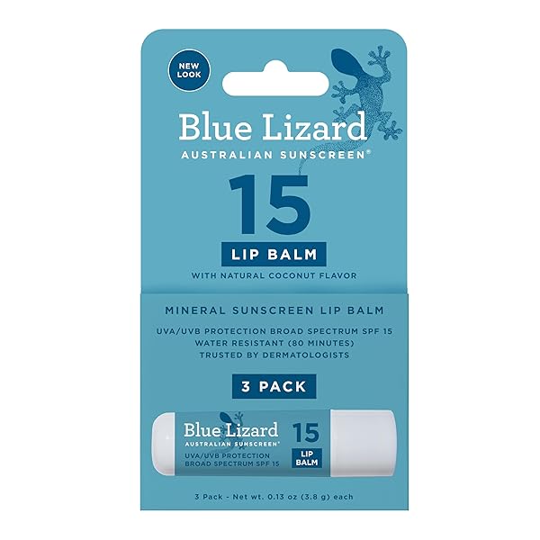 3-PACK BLUE LIZARD MINERAL SPF 15 LIP BALM: BROAD SPECTRUM SUN PROTECTION, NATURAL COCONUT FLAVOR, 8 NATURAL OILS, INFUSED WITH AUSTRALIAN KAKADU PLUM, RICH IN VITAMIN C, VEGAN, EACH TUBE 0.13 OZ.