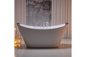 Empava 67" Freestanding Whirlpool Bathtub Oval with 8 Hydromassage Adjustable Water Jets Luxury Acrylic Massage SPA Soaking Bath Tub in White Double Ended