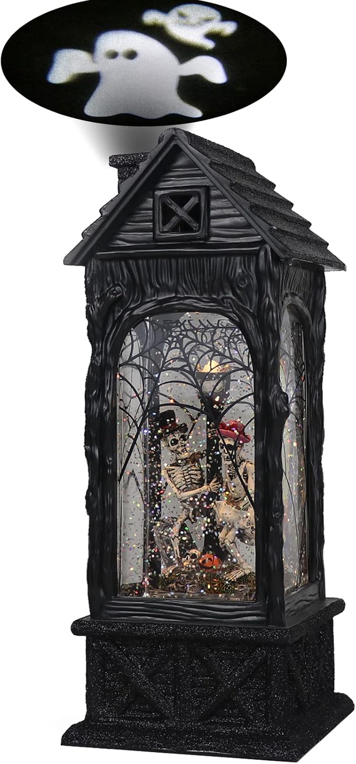 Snow Globes - DRomance Halloween Snow Globe Projection Lantern with 6 Hour Timer, 3 AA Batteries Operated & USB Powered Skeleton Lighted Water Lantern Glittering Halloween Decor Gift, 10.7 Inch Tall