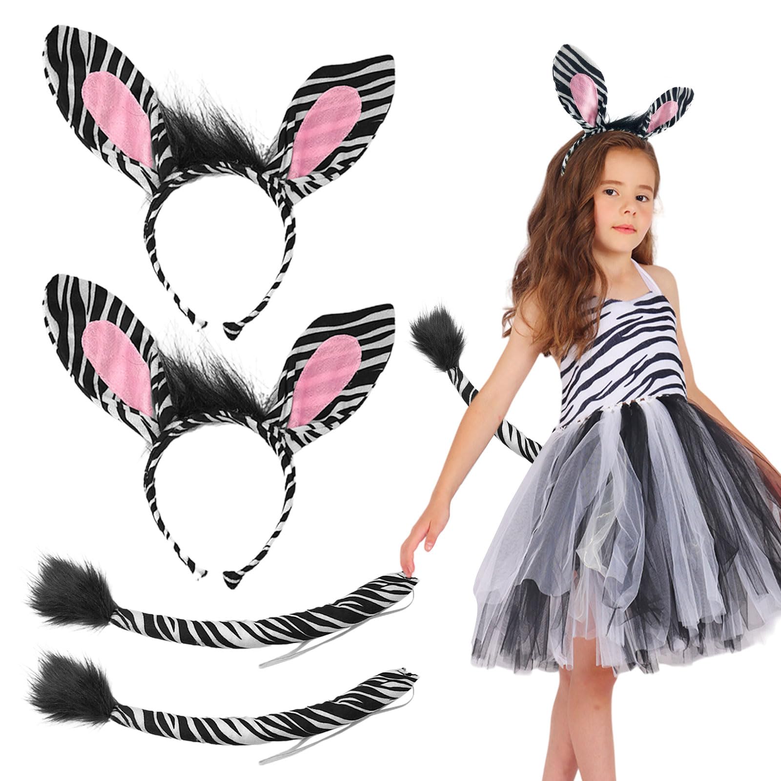 EUPSIIU 4 Pieces Animal Costume Set, Animal Ears Headband Tail Set, Zebra Headband Tail, Animal Fancy Dress, Animal Headband, Fancy Dress Party Halloween Carnival World Book Day Accessoy