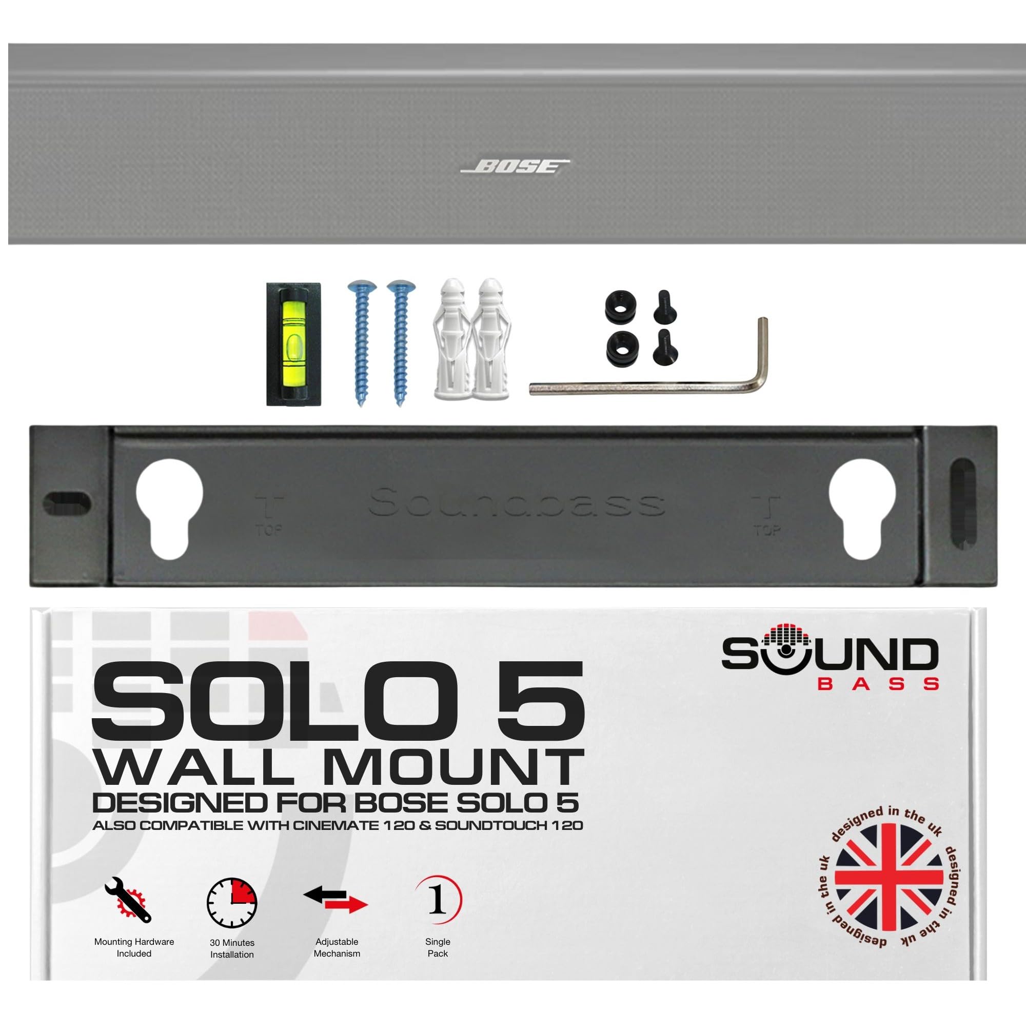 Sound bass Solo 5 Wall Mount Bracket for Bose Solo5 Soundbar, Compatible with Solo Soundbar 2 Sound Bar Series II, Complete Kit with All Mounting Hardware, UK Design