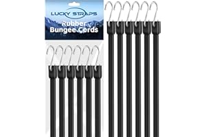 LUCKYSTRAPS 18 Inch Rubber Bungee Cords Heavy Duty Outdoor, Black Bungee Straps with Upgraded Hooks, Weatherproof Tarp Straps with 1.9X Max Stretch & 100% Rubber for Cargo, Van, Truck, Motorcycle, etc (12 Pcs)
