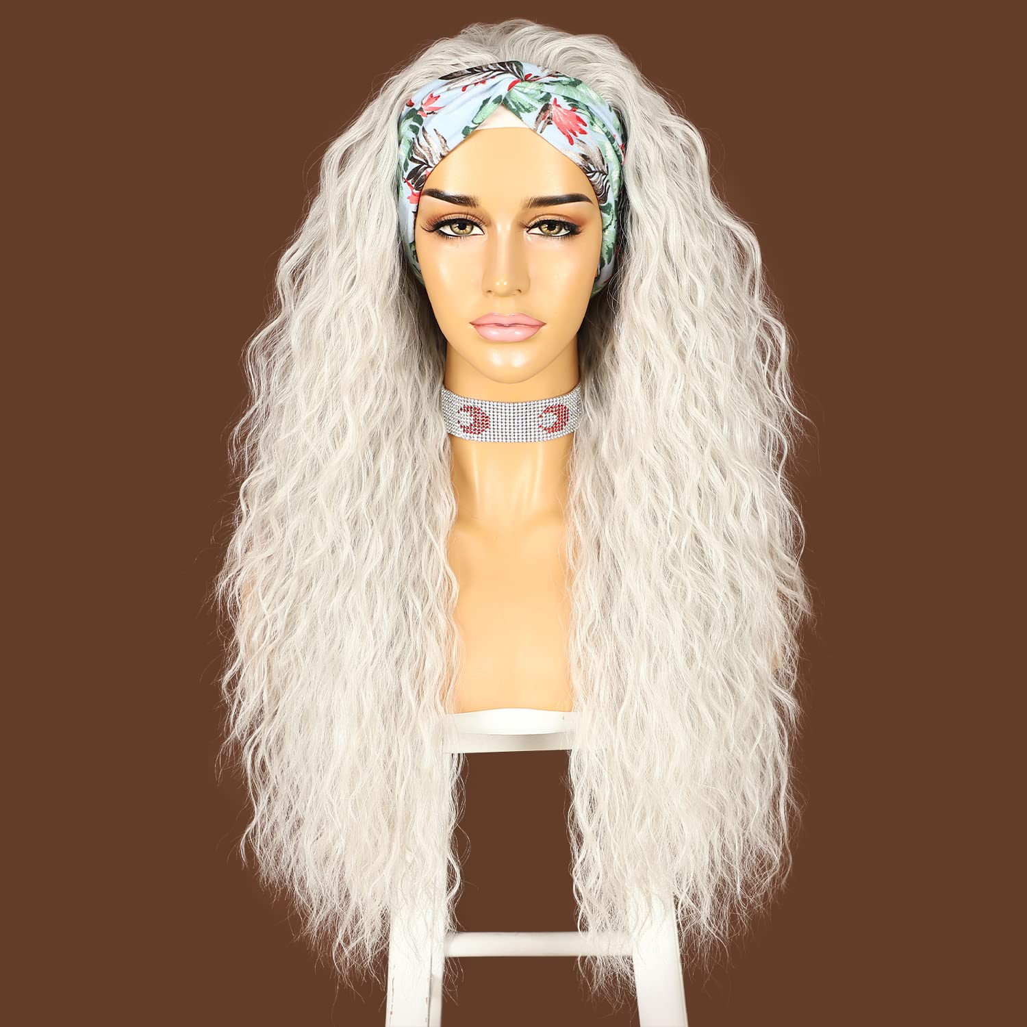 Sapphirewigs Curly Headband Wig Grey Synthetic Hair Loose Water Wave Headband Wigs for Women Glueless 150% Density 26 inch — image 1