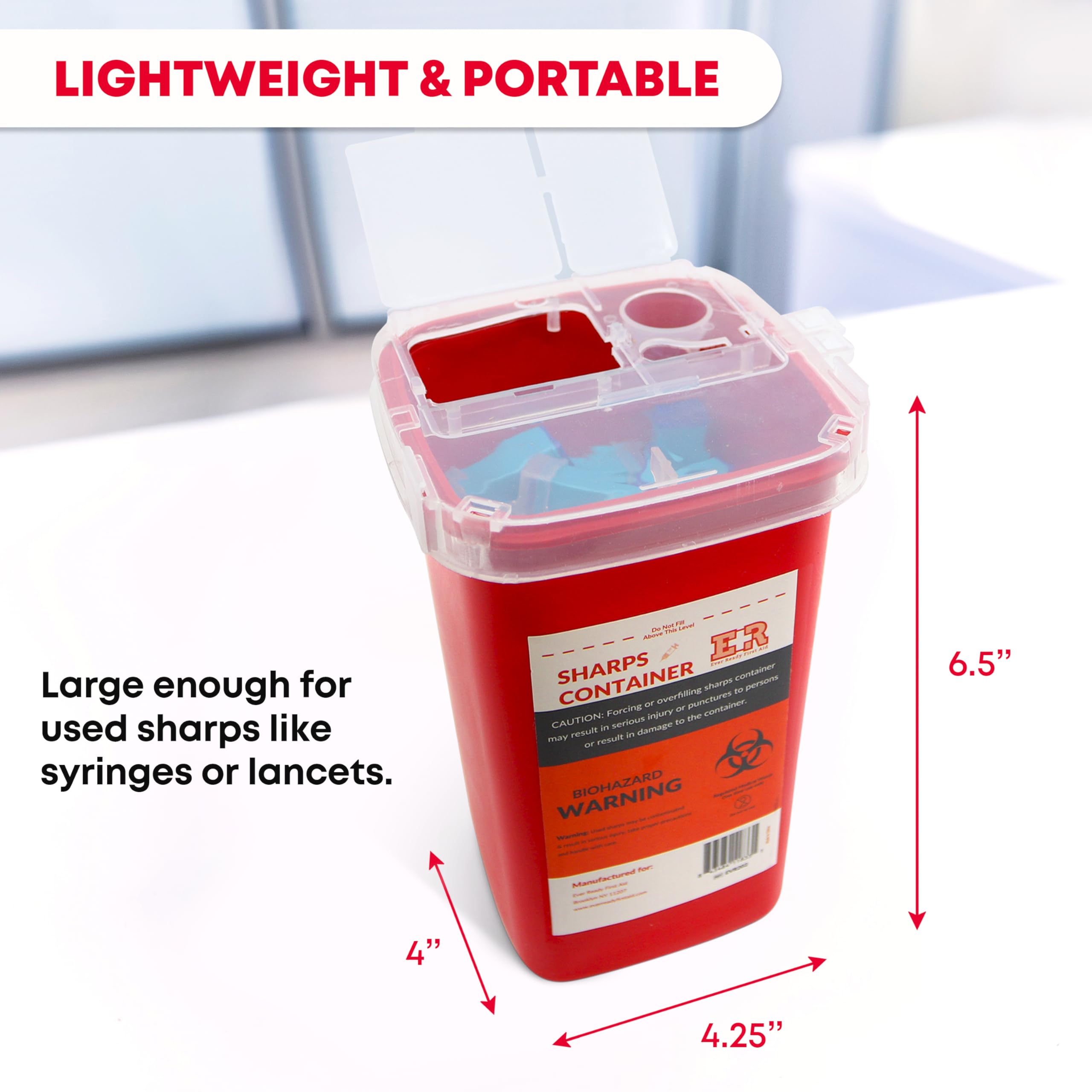 Ever Ready First Aid Sharps Container with Split Lid Design and Locking Mechanism for Sharp Waste Disposal, 1 Quart