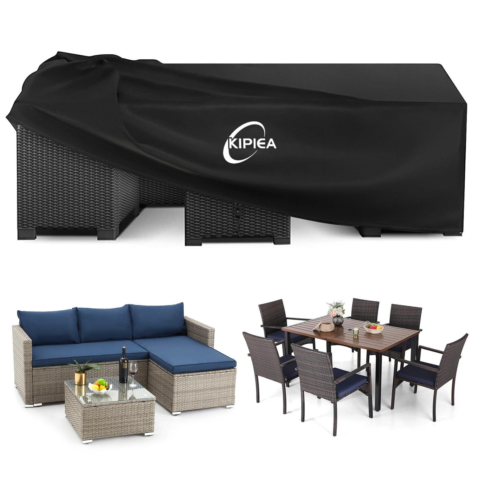 Kipiea Garden Furniture Covers Waterproof, 420D Oxford Fabric Outdoor Furniture Cover for Table & Chairs Windproof, Heavy Duty Patio Rattan Furniture Cover, Anti-UV, No Tear - 188 x 188 x 71cm