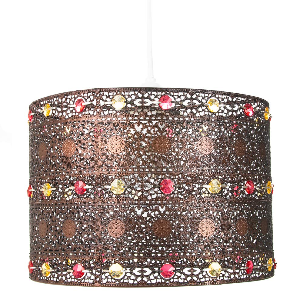 Antique Bronze Acrylic Gem Moroccan Style Chandelier Pendant Light Shade Fitting with Red and Amber Beads | 60w | 24cm Diameter | Quality Made Product by Happy Homewares