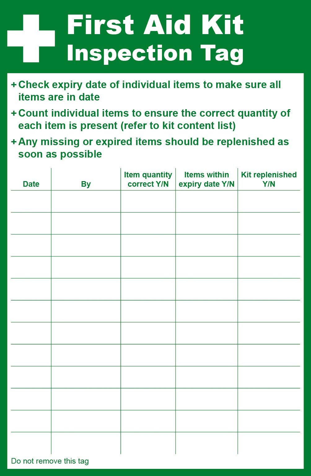 First Aid Kit Inspection Tag, 20x30cm - Pack of 10