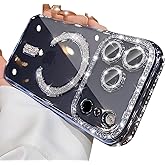 Changjia Magnetic Clear Glitter Case for iPhone 17 Pro Max,[Compatible with MagSafe] Cute Bling Sparkly Diamond Rhinestones with Camera Protector TPU Bumper Women Girls Case for iPhone 17 Pro Max,Blue