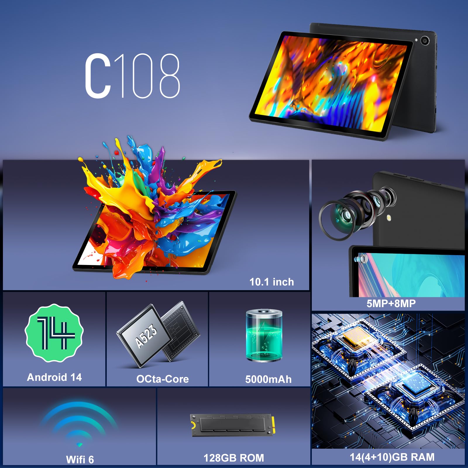 Whitedeer 10 inch Tablet Android 14, 14GB+128GB/2TB Expanded, Octa-Core Tablets, 800 * 1280 HD?WiFi 6?BT 5.0?5000mAh?5MP+8MP, Widevine L1, Tab with Keyboard?Mouse?Stylus?Tablet Case? Headphone(Black)