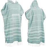 laoyuandamai 1pcs Large Turkish Cotton Poncho Towel Surf Poncho Changing Robe with Hood and Front Pocket Absorbent Wearable Towel Hooded Beach Towel for Adult Man Women Beach Pool (Green, Medium)