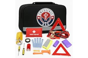 Roadside Assistance Car Emergency Kit - First Aid Kit, Jumper Cables, Tow Rope, LED Flash Light, Rain Coat, Tire Pressure Gau