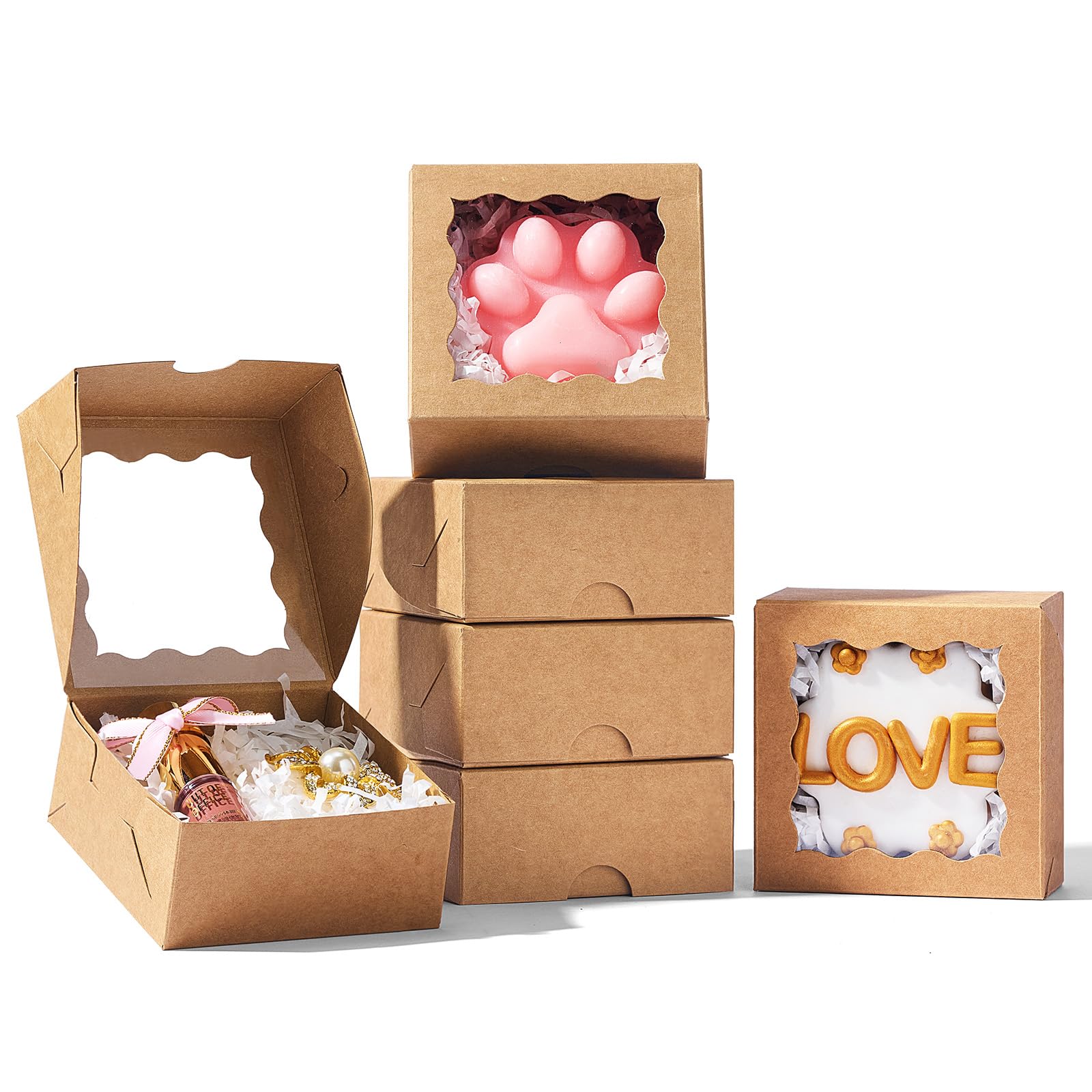 Photo 1 of SLShePack 3.2x3.2x1.5 Inches 50PCS Mini Bakery Boxes with Window for Cookies, Soap, Chocolate Truffle, Donut, Macaron(Brown)